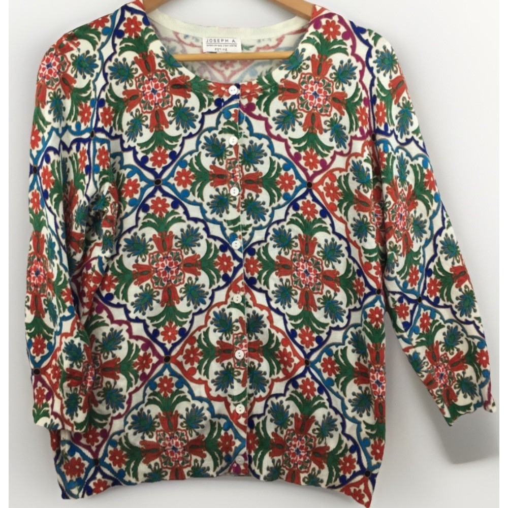 Joseph A Petite Large Floral‎ Button Front Cardigan Sweater Festive Holiday